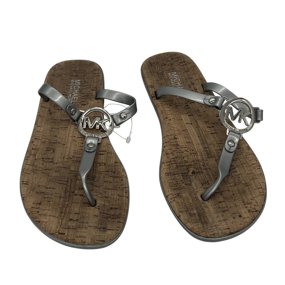 Michael Kors Women's MK Logo Silver Gray Thong Flat Sandals Size 9M Cork Pattern